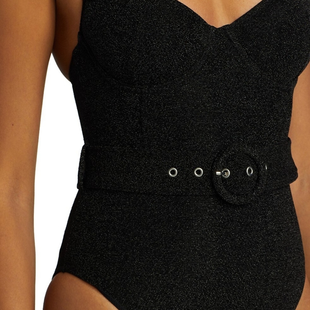 Jonathan Simkhai Noa Belted Bustier Swimsuit in Black Metallic - Picture 6 of 14